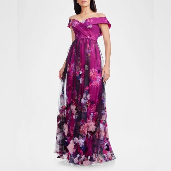 NWT Dress the Population Aurea Floral Print Off the Shoulder Gown Magenta Multi - Picture 4 of 16